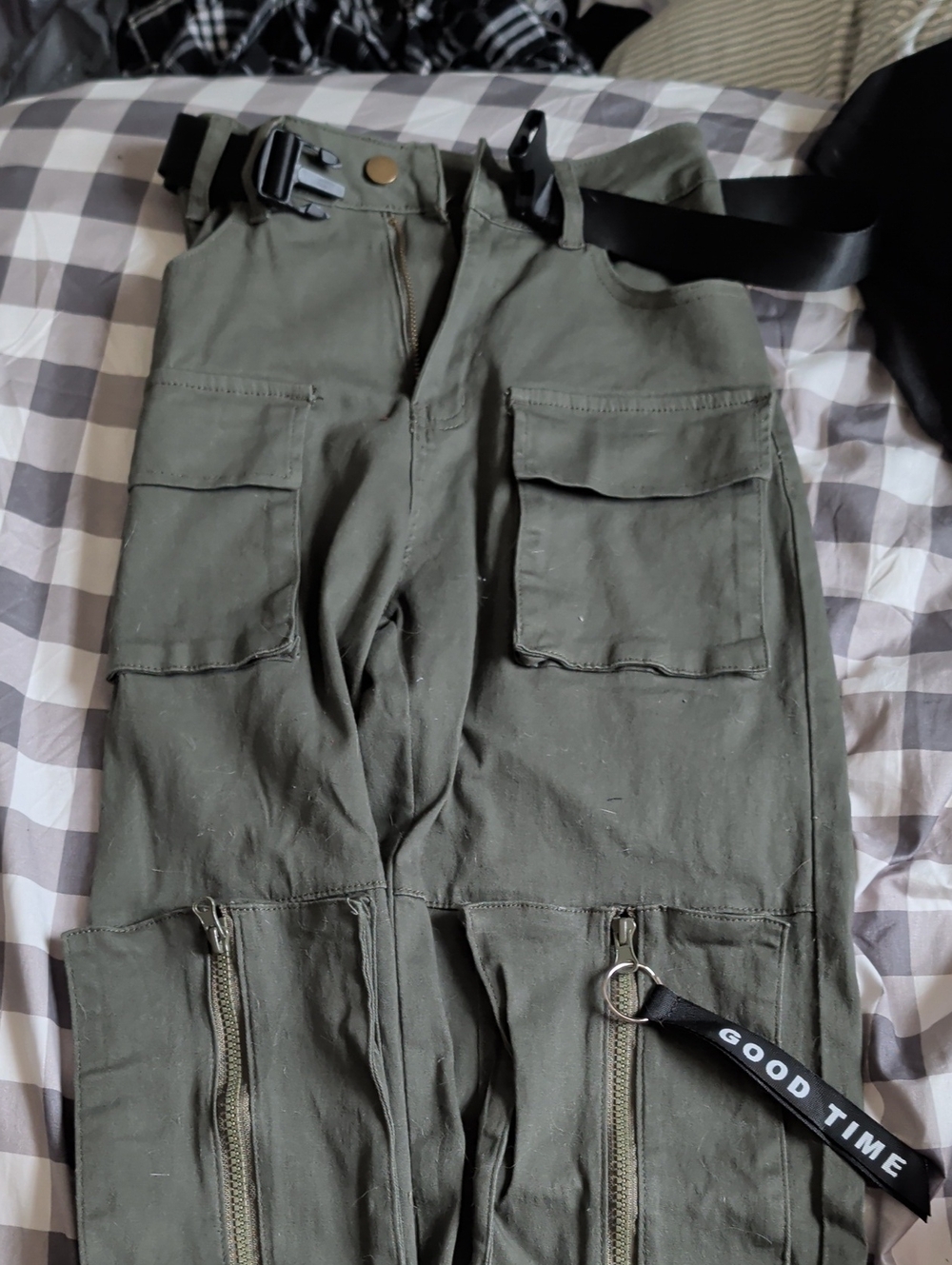 American Bazi Olive Green Cargo Jumpsuit Pants with Utility Zips
